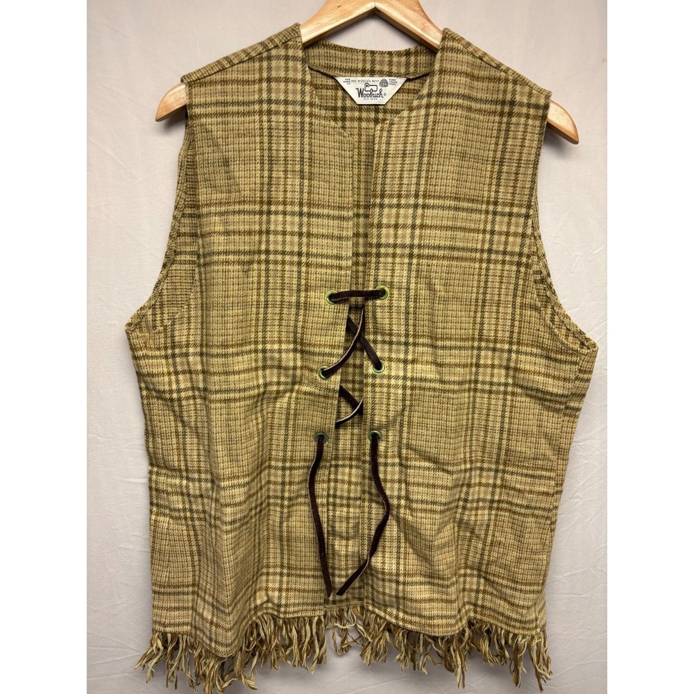 Woolrich Lace-Up Vest Mens Brown Plaid Virgin Wool Fringed Boho Hippie Vintage